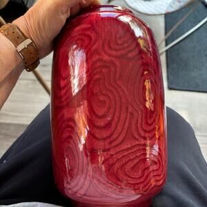 Vintage Scheurich 551-25 German Art Pottery Vase Red Swirl Glaze MCM 10"